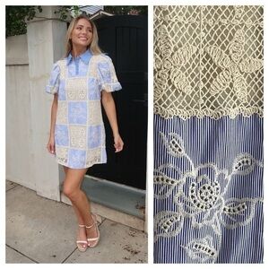 Sofie The Label Blue Stripe Cream Crochet Patchwork Carmen Dress Medium